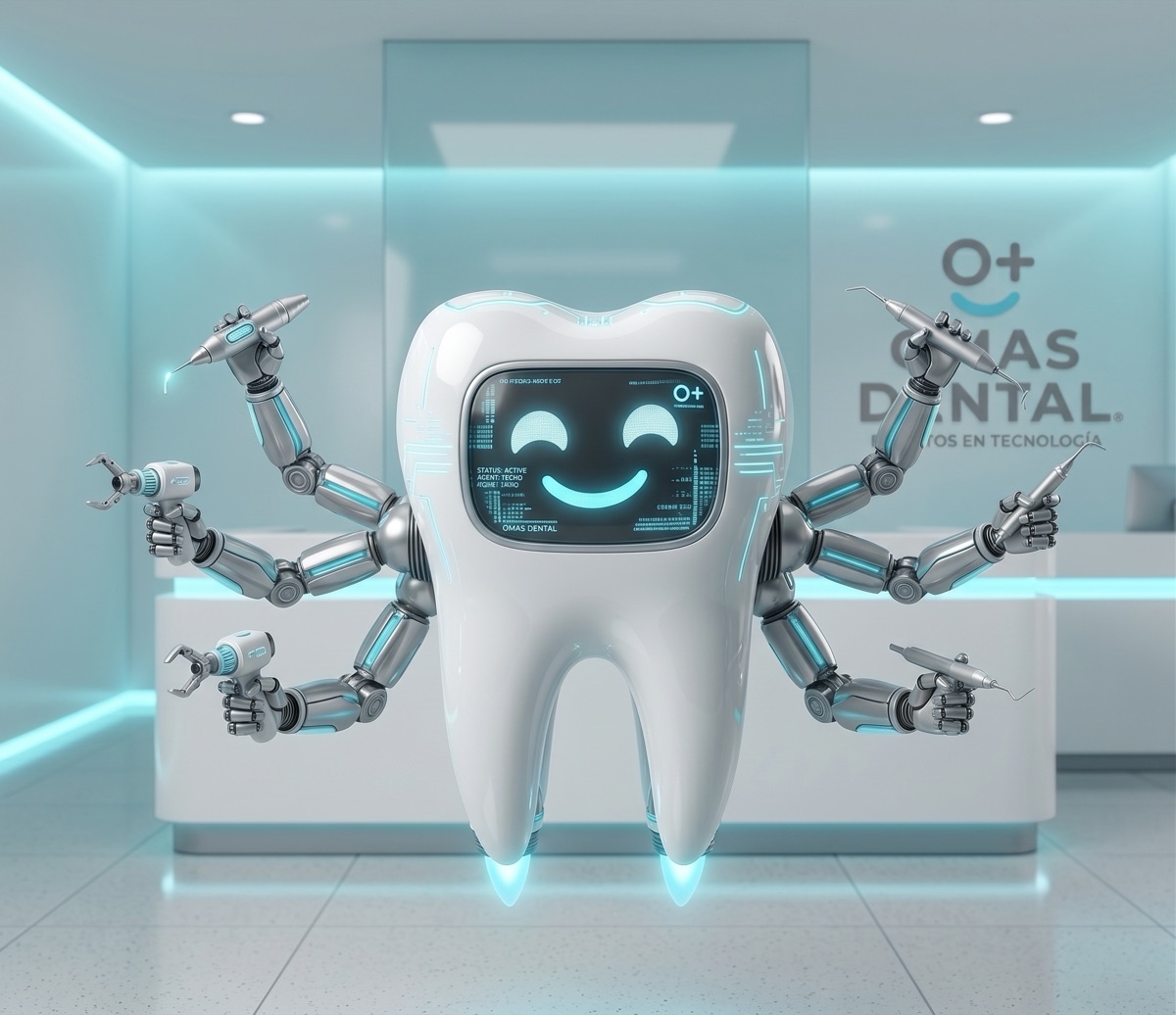 Mascota de Omas Dental O+: un diente robot, símbolo de la odontología con tecnología